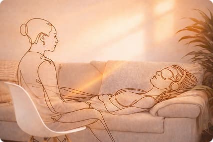 Clinician seated beside a patient in a treatment room